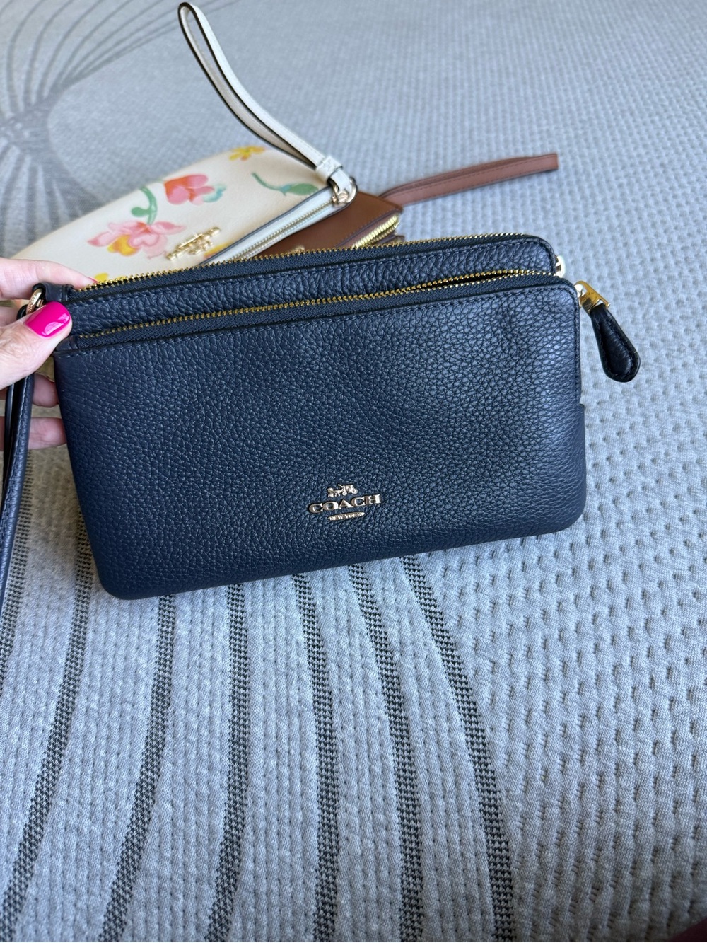 Coach Navy blue Pebbled Leather Double-Zip Wristlet with Gold Hardware